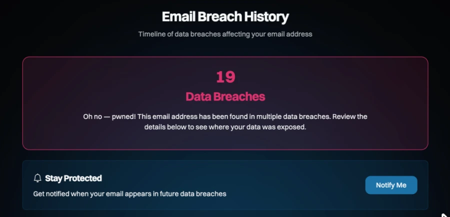 Have I Been Pwned result showing the email address was found in 19 data breaches