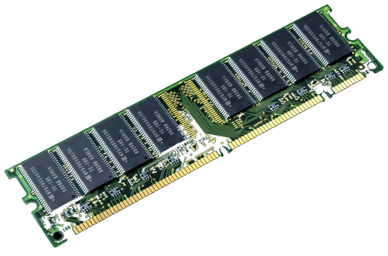 A single stick of RAM — a green circuit board lined with black memory chips with a row of gold contacts along the bottom edge