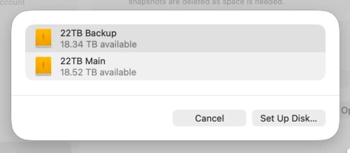 Choosing an external drive from the list, then Set Up Disk