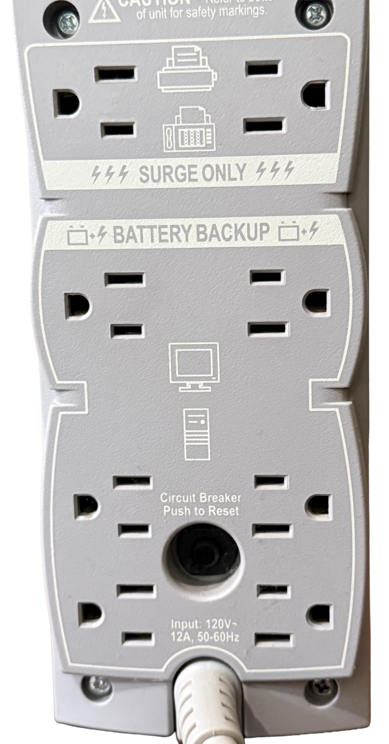 The back of Dr. Bob's UPS, showing the two banks of outlets: battery-backup-plus-surge and surge-only